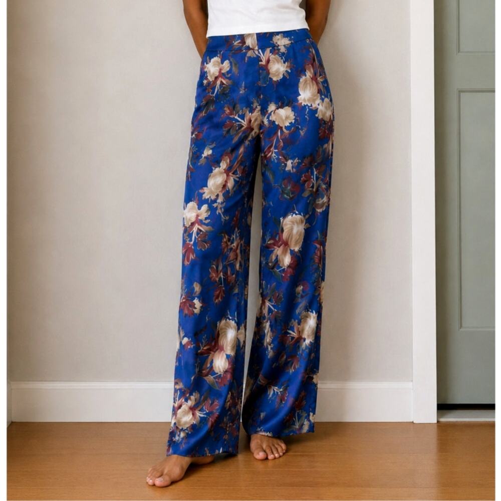 Misook Floral Satin Crepe de Chine Trousers Pants Wide Leg Flowy Blue Resort-M